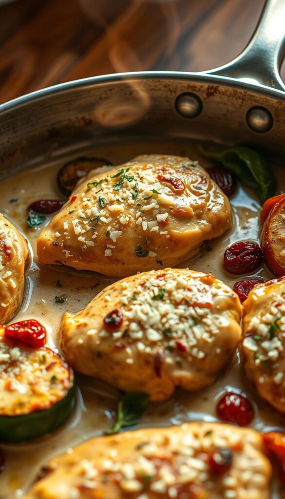 Creamy Tuscan chicken skillet, sizzling in warm, golden light. Tender chicken thighs nestled in a lush, creamy sauce infused with sun-dried tomatoes, garlic, and fragrant herbs. Grated Parmesan crowns the dish, melting into the velvety texture. Roasted vegetables, such as zucchini and bell peppers, provide colorful contrast around the skillet's edge. Droplets of olive oil glisten on the surface, hinting at the rich flavors to come. The scene is captured from a high angle, emphasizing the skillet's rustic, homemade appeal. An inviting aroma wafts through the air, enticing the viewer to dive into this tempting, comforting creation.