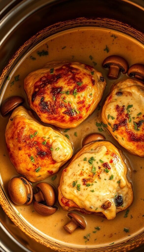 Creamy mushroom chicken thighs simmering in a slow cooker, with golden-brown skin and a rich, velvety sauce. The chicken is surrounded by tender, earthy mushrooms and fragrant herbs, bathed in a creamy, tarragon-infused broth. Warm lighting casts a cozy glow, highlighting the dish's comforting, homemade appearance. The scene is captured from a slightly angled, top-down perspective, emphasizing the juicy thighs and the thick, luscious sauce. An atmosphere of rustic elegance and soothing, homey comfort pervades the image.