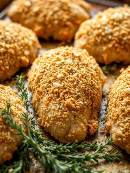 Crisp golden-brown chicken breasts coated in a generous layer of garlic-infused breadcrumbs and grated Parmesan cheese, arranged on a baking sheet and captured in a warm, inviting lighting. The chicken sits atop a bed of fresh thyme sprigs, their earthy aroma mingling with the savory scents of the garlic and cheese. The scene is shot with a shallow depth of field, bringing the succulent chicken into sharp focus while subtly blurring the background to emphasize the delectable textures and flavors. An appetizing, mouthwatering dish ready to be served as the star of an easy, baked chicken dinner.