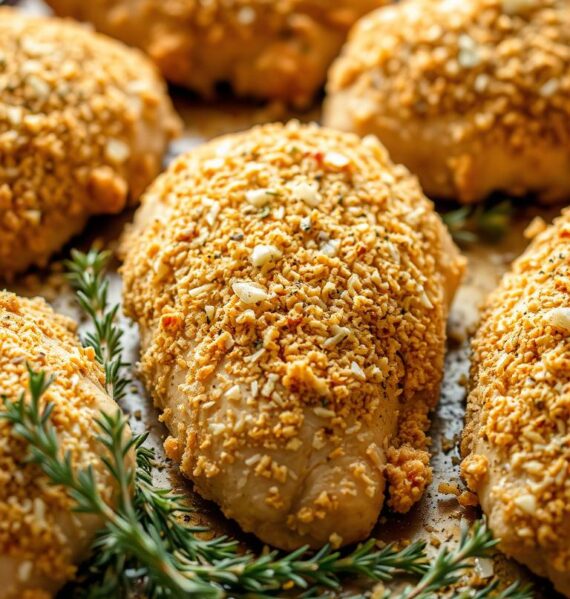 Crisp golden-brown chicken breasts coated in a generous layer of garlic-infused breadcrumbs and grated Parmesan cheese, arranged on a baking sheet and captured in a warm, inviting lighting. The chicken sits atop a bed of fresh thyme sprigs, their earthy aroma mingling with the savory scents of the garlic and cheese. The scene is shot with a shallow depth of field, bringing the succulent chicken into sharp focus while subtly blurring the background to emphasize the delectable textures and flavors. An appetizing, mouthwatering dish ready to be served as the star of an easy, baked chicken dinner.