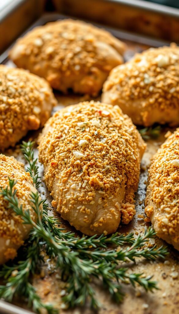 Crisp golden-brown chicken breasts coated in a generous layer of garlic-infused breadcrumbs and grated Parmesan cheese, arranged on a baking sheet and captured in a warm, inviting lighting. The chicken sits atop a bed of fresh thyme sprigs, their earthy aroma mingling with the savory scents of the garlic and cheese. The scene is shot with a shallow depth of field, bringing the succulent chicken into sharp focus while subtly blurring the background to emphasize the delectable textures and flavors. An appetizing, mouthwatering dish ready to be served as the star of an easy, baked chicken dinner.