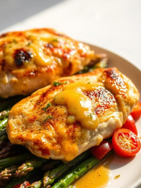 Crisp, golden-brown chicken breasts nestled atop a vibrant bed of roasted asparagus, all drizzled with a zesty lemon and garlic sauce. The scene is bathed in warm, natural lighting, casting a soft glow and gentle shadows across the perfectly seared poultry and tender, caramelized vegetables. The composition is clean and uncluttered, with the main ingredients taking center stage against a simple, neutral background. The overall mood is one of simple, wholesome elegance - a comforting, weeknight-friendly meal that looks as delicious as it tastes.