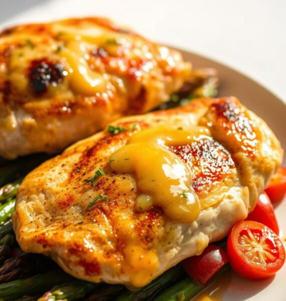 Crisp, golden-brown chicken breasts nestled atop a vibrant bed of roasted asparagus, all drizzled with a zesty lemon and garlic sauce. The scene is bathed in warm, natural lighting, casting a soft glow and gentle shadows across the perfectly seared poultry and tender, caramelized vegetables. The composition is clean and uncluttered, with the main ingredients taking center stage against a simple, neutral background. The overall mood is one of simple, wholesome elegance - a comforting, weeknight-friendly meal that looks as delicious as it tastes.