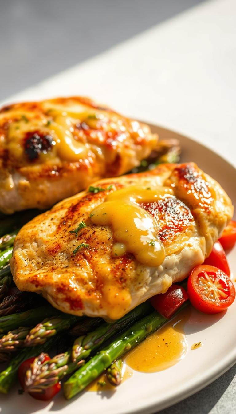 Crisp, golden-brown chicken breasts nestled atop a vibrant bed of roasted asparagus, all drizzled with a zesty lemon and garlic sauce. The scene is bathed in warm, natural lighting, casting a soft glow and gentle shadows across the perfectly seared poultry and tender, caramelized vegetables. The composition is clean and uncluttered, with the main ingredients taking center stage against a simple, neutral background. The overall mood is one of simple, wholesome elegance - a comforting, weeknight-friendly meal that looks as delicious as it tastes.