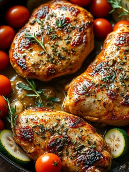 Delectable Mediterranean chicken sizzling in a cast-iron skillet, surrounded by vibrant vegetables and fragrant herbs. Juicy chicken breasts seasoned with aromatic garlic, oregano, and lemon, seared to perfection under warm, directional lighting. Plump cherry tomatoes, sliced zucchini, and tender artichoke hearts create a colorful, balanced composition. Subtle shadows and a soft, natural depth of field draw the viewer's gaze to the mouthwatering dish. A rustic, earthy atmosphere evokes the flavors of the Mediterranean, inviting the senses to savor the healthy, flavorful meal.