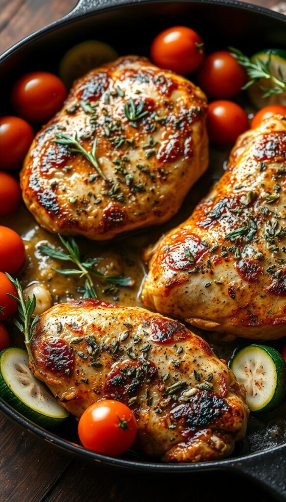 Delectable Mediterranean chicken sizzling in a cast-iron skillet, surrounded by vibrant vegetables and fragrant herbs. Juicy chicken breasts seasoned with aromatic garlic, oregano, and lemon, seared to perfection under warm, directional lighting. Plump cherry tomatoes, sliced zucchini, and tender artichoke hearts create a colorful, balanced composition. Subtle shadows and a soft, natural depth of field draw the viewer's gaze to the mouthwatering dish. A rustic, earthy atmosphere evokes the flavors of the Mediterranean, inviting the senses to savor the healthy, flavorful meal.