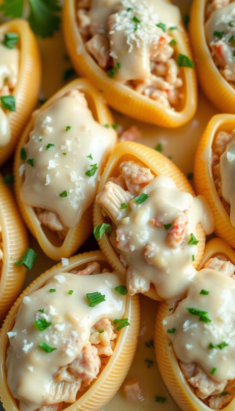 Delectable chicken Alfredo stuffed shells, arranged in a tempting display. The plump, al dente pasta shells are filled with a creamy, cheesy chicken mixture, topped with a luscious Alfredo sauce. Grated parmesan cheese and chopped parsley add a final touch of flavor and visual appeal. Warm, soft lighting casts a cozy glow, highlighting the inviting textures and colors. The composition is carefully balanced, capturing the dish in an appetizing and mouthwatering manner, ready to be savored.