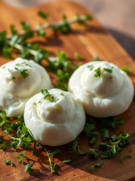 Delicate, fluffy cloud-like eggs with a creamy, tangy goat cheese topping, glistening under the warm glow of soft natural lighting. A rustic wooden board serves as the canvas, the eggs resting atop a bed of freshly chopped herbs, their vibrant hues contrasting with the muted tones of the setting. The composition is simple yet elegant, capturing the essence of a homemade, high-quality breakfast dish. The image exudes a sense of comfort and culinary delight, inviting the viewer to savor each bite of this mouthwatering creation.