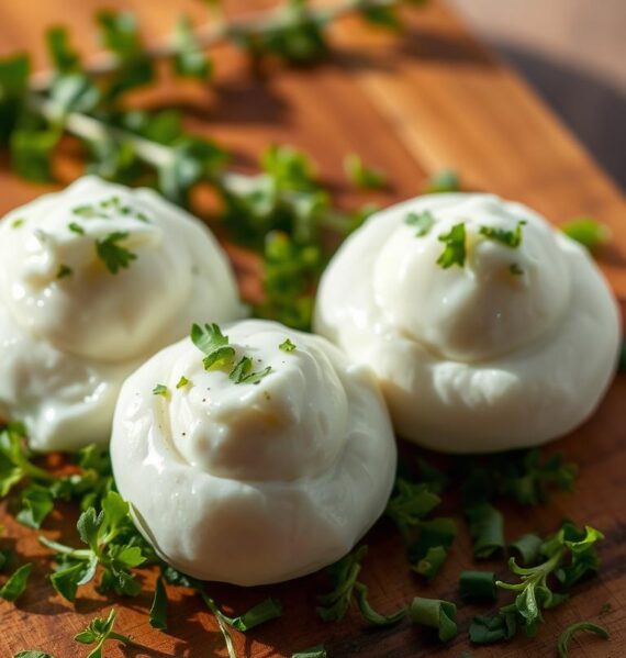 Delicate, fluffy cloud-like eggs with a creamy, tangy goat cheese topping, glistening under the warm glow of soft natural lighting. A rustic wooden board serves as the canvas, the eggs resting atop a bed of freshly chopped herbs, their vibrant hues contrasting with the muted tones of the setting. The composition is simple yet elegant, capturing the essence of a homemade, high-quality breakfast dish. The image exudes a sense of comfort and culinary delight, inviting the viewer to savor each bite of this mouthwatering creation.