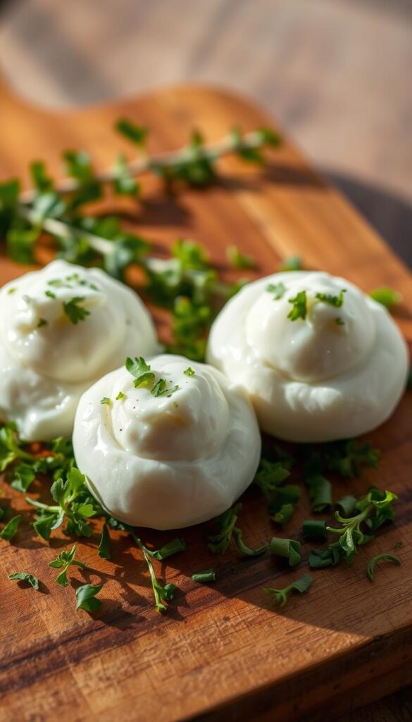 Delicate, fluffy cloud-like eggs with a creamy, tangy goat cheese topping, glistening under the warm glow of soft natural lighting. A rustic wooden board serves as the canvas, the eggs resting atop a bed of freshly chopped herbs, their vibrant hues contrasting with the muted tones of the setting. The composition is simple yet elegant, capturing the essence of a homemade, high-quality breakfast dish. The image exudes a sense of comfort and culinary delight, inviting the viewer to savor each bite of this mouthwatering creation. Delicate, fluffy cloud-like eggs with a creamy, tangy goat cheese topping, glistening under the warm glow of soft natural lighting. A rustic wooden board serves as the canvas, the eggs resting atop a bed of freshly chopped herbs, their vibrant hues contrasting with the muted tones of the setting. The composition is simple yet elegant, capturing the essence of a homemade, high-quality breakfast dish. The image exudes a sense of comfort and culinary delight, inviting the viewer to savor each bite of this mouthwatering creation.