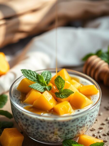 Delicate mango cubes arranged artfully, nestled in a creamy chia pudding base. Garnished with fresh mint leaves, a drizzle of golden honey, and a scattering of chia seeds. The composition is set against a soft, blurred background with hints of natural textures, like wood or stone. Warm, natural lighting bathes the scene, creating a cozy, inviting atmosphere. The image conveys a sense of freshness, simplicity, and wholesome indulgence - a healthful, delicious fruit-based snack.