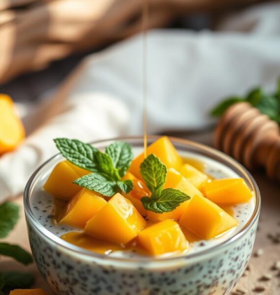 Delicate mango cubes arranged artfully, nestled in a creamy chia pudding base. Garnished with fresh mint leaves, a drizzle of golden honey, and a scattering of chia seeds. The composition is set against a soft, blurred background with hints of natural textures, like wood or stone. Warm, natural lighting bathes the scene, creating a cozy, inviting atmosphere. The image conveys a sense of freshness, simplicity, and wholesome indulgence - a healthful, delicious fruit-based snack.