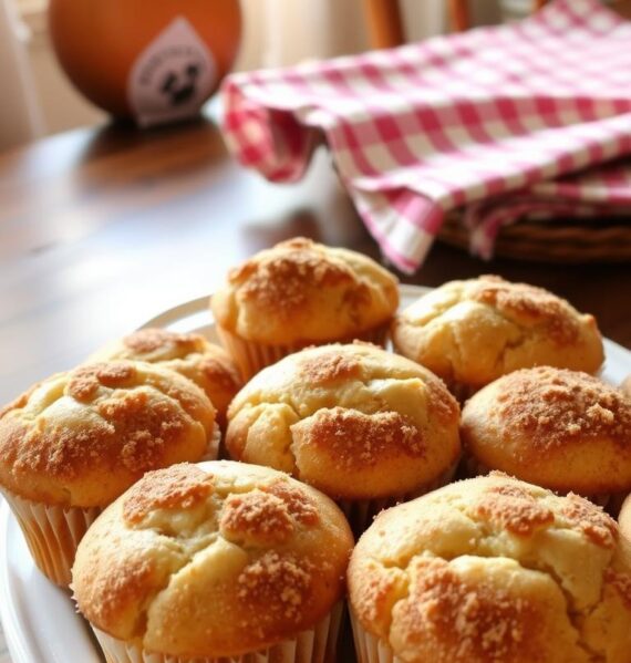 Freshly baked apple cinnamon muffins, golden-brown tops with a light crumb, glistening with a dusting of cinnamon sugar. The muffins are arranged neatly on a white ceramic platter, steam gently rising from their centers. In the background, a rustic wooden table with a checkered cloth, natural sunlight filtering through a nearby window, casting a warm glow over the scene. The lighting is soft and diffused, creating an inviting, homemade atmosphere. The composition is balanced, with the muffins taking center stage, showcasing their delectable appearance and enticing aroma. The overall scene evokes a sense of cozy comfort and the irresistible flavors of autumn.