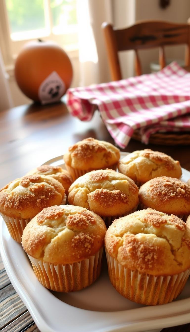 Freshly baked apple cinnamon muffins, golden-brown tops with a light crumb, glistening with a dusting of cinnamon sugar. The muffins are arranged neatly on a white ceramic platter, steam gently rising from their centers. In the background, a rustic wooden table with a checkered cloth, natural sunlight filtering through a nearby window, casting a warm glow over the scene. The lighting is soft and diffused, creating an inviting, homemade atmosphere. The composition is balanced, with the muffins taking center stage, showcasing their delectable appearance and enticing aroma. The overall scene evokes a sense of cozy comfort and the irresistible flavors of autumn.