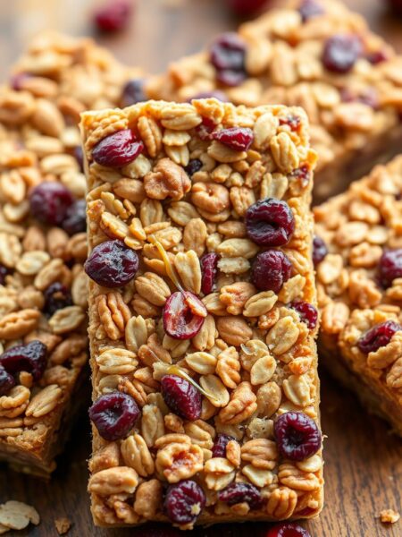 Freshly baked cranberry nut granola bars sit on a rustic wooden surface, their golden-brown texture glowing under soft, natural lighting. Clusters of crunchy oats, chopped walnuts, and plump cranberries are held together by a drizzle of honey, creating an appetizing, homemade appearance. The bars are arranged in a casual, artisanal display, with a few crumbs and ingredients scattered around, adding to the authentic, handcrafted feel. A warm, earthy color palette and shallow depth of field focus the viewer's attention on the tempting, wholesome granola bars, evoking a sense of comfort and nourishment.