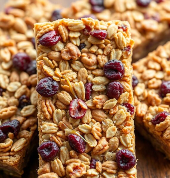 Freshly baked cranberry nut granola bars sit on a rustic wooden surface, their golden-brown texture glowing under soft, natural lighting. Clusters of crunchy oats, chopped walnuts, and plump cranberries are held together by a drizzle of honey, creating an appetizing, homemade appearance. The bars are arranged in a casual, artisanal display, with a few crumbs and ingredients scattered around, adding to the authentic, handcrafted feel. A warm, earthy color palette and shallow depth of field focus the viewer's attention on the tempting, wholesome granola bars, evoking a sense of comfort and nourishment.