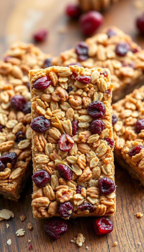 Freshly baked cranberry nut granola bars sit on a rustic wooden surface, their golden-brown texture glowing under soft, natural lighting. Clusters of crunchy oats, chopped walnuts, and plump cranberries are held together by a drizzle of honey, creating an appetizing, homemade appearance. The bars are arranged in a casual, artisanal display, with a few crumbs and ingredients scattered around, adding to the authentic, handcrafted feel. A warm, earthy color palette and shallow depth of field focus the viewer's attention on the tempting, wholesome granola bars, evoking a sense of comfort and nourishment.