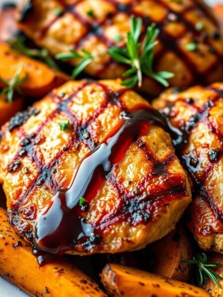 Grilled chicken breasts, juicy and golden-brown, resting on a bed of roasted sweet potato wedges. The sweet potatoes, caramelized at the edges, offer a vibrant contrast to the savory grilled chicken. Drizzled with a tangy balsamic glaze, the dish exudes an appetizing aroma that fills the air. Bright green garnishes, such as fresh thyme or rosemary, add a touch of freshness. Soft, diffused lighting illuminates the scene, creating a warm, inviting atmosphere. The camera is positioned at a slight angle, capturing the textures and colors of the meal in a mouthwatering close-up. This image showcases a healthy, balanced and visually appealing grilled chicken dish, perfect for a satisfying meal.