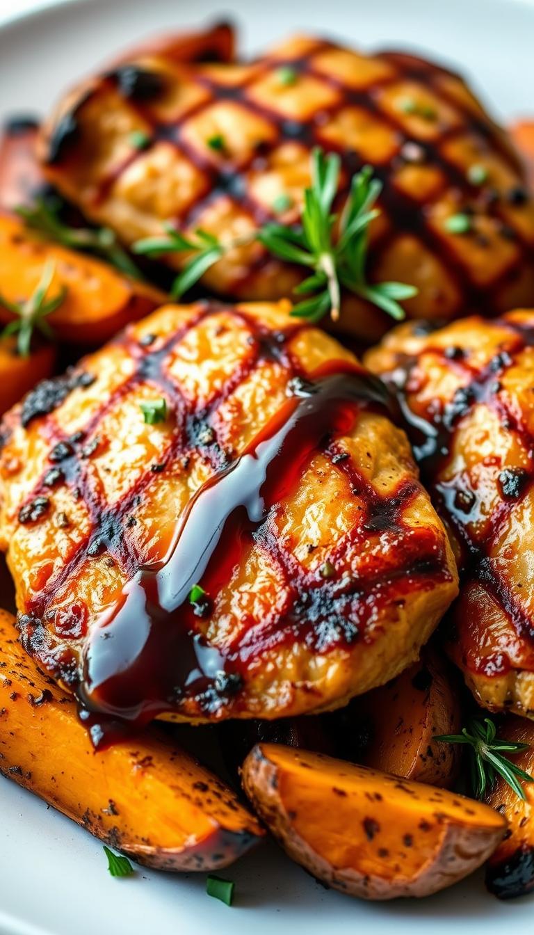 Grilled chicken breasts, juicy and golden-brown, resting on a bed of roasted sweet potato wedges. The sweet potatoes, caramelized at the edges, offer a vibrant contrast to the savory grilled chicken. Drizzled with a tangy balsamic glaze, the dish exudes an appetizing aroma that fills the air. Bright green garnishes, such as fresh thyme or rosemary, add a touch of freshness. Soft, diffused lighting illuminates the scene, creating a warm, inviting atmosphere. The camera is positioned at a slight angle, capturing the textures and colors of the meal in a mouthwatering close-up. This image showcases a healthy, balanced and visually appealing grilled chicken dish, perfect for a satisfying meal.