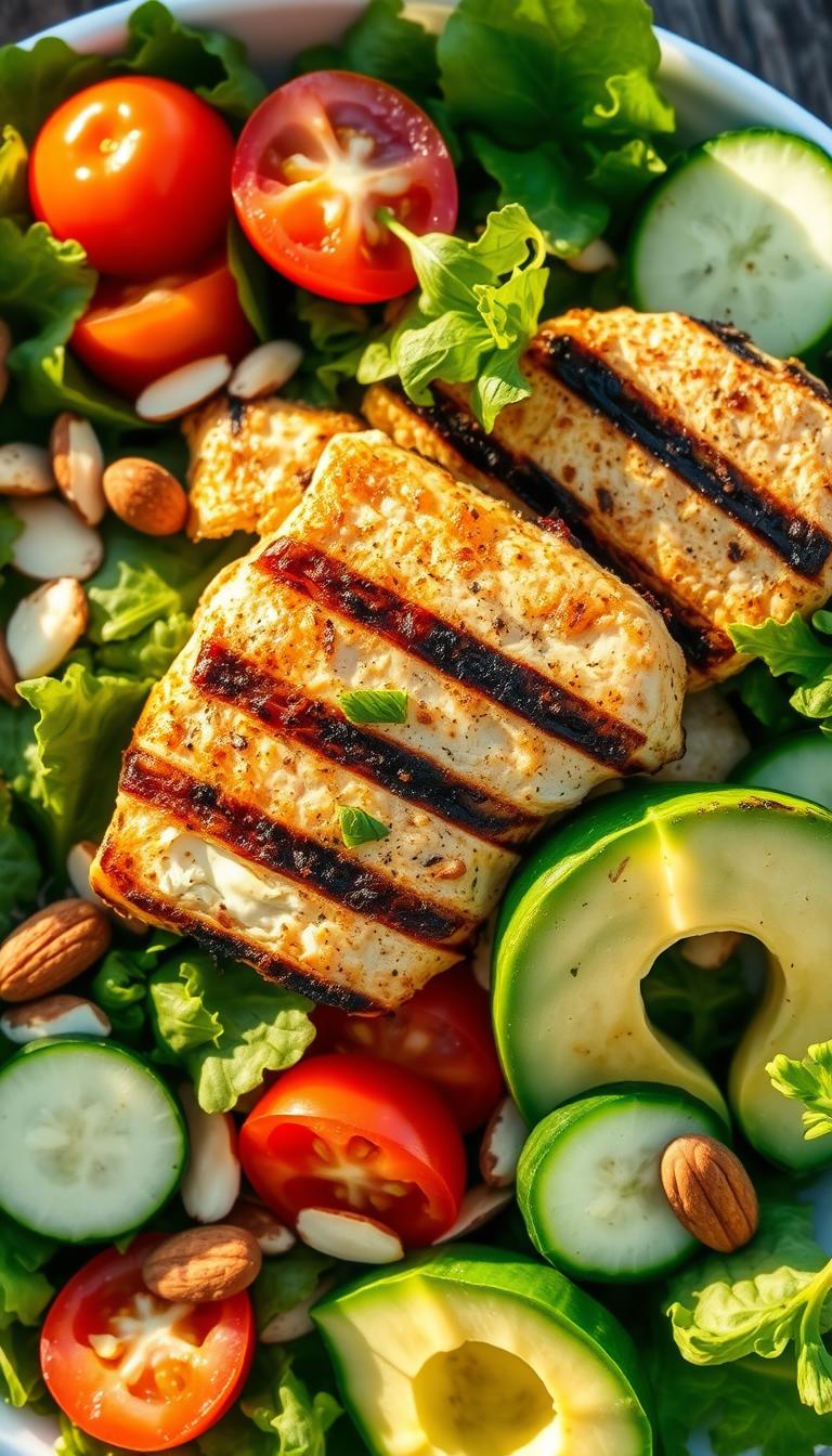 Grilled chicken salad with fresh avocado and crisp greens, dressed in a light and tangy vinaigrette. The chicken is seared to perfection, highlighting its juicy texture, with the creamy avocado providing a delightful contrast. Vibrant tomatoes, crunchy cucumbers, and a scattering of toasted almonds create a visually appealing and nutritious meal. Warm afternoon sunlight casts a soft glow, illuminating the vibrant colors and natural textures. Shot from an overhead angle, capturing the array of fresh, heart-healthy ingredients in a balanced, appetizing composition.