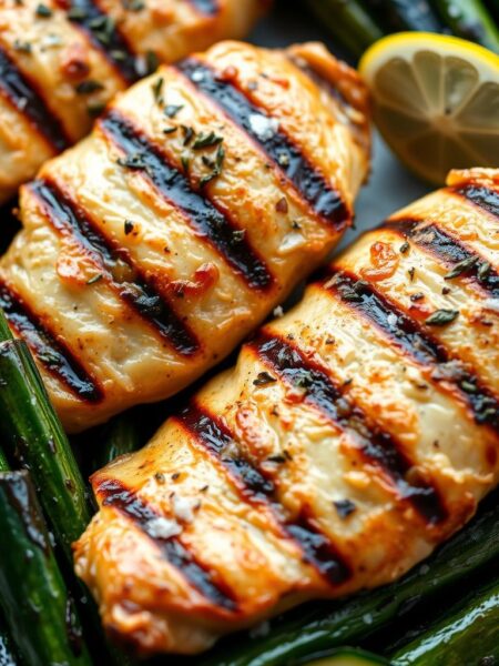 Grilled lemon-herb chicken with tender zucchini spears, seared to perfection with a golden-brown char. The chicken is marinated in a fragrant blend of fresh lemon juice, garlic, oregano, and thyme, then grilled over an open flame. Zucchini spears are arranged alongside, glistening with olive oil and sprinkled with coarse sea salt. Soft, natural lighting captures the juicy texture of the chicken and the vibrant green of the zucchini. The composition is balanced, with the chicken and zucchini positioned to lead the eye through the frame. An inviting, rustic scene that celebrates the simple, wholesome flavors of this low-carb dish.