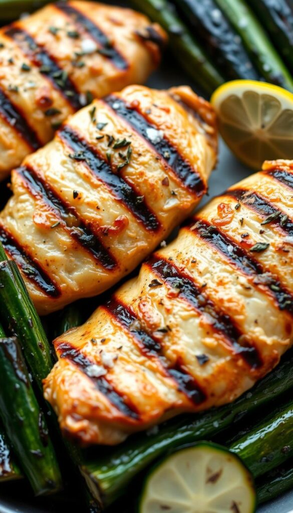 Grilled lemon-herb chicken with tender zucchini spears, seared to perfection with a golden-brown char. The chicken is marinated in a fragrant blend of fresh lemon juice, garlic, oregano, and thyme, then grilled over an open flame. Zucchini spears are arranged alongside, glistening with olive oil and sprinkled with coarse sea salt. Soft, natural lighting captures the juicy texture of the chicken and the vibrant green of the zucchini. The composition is balanced, with the chicken and zucchini positioned to lead the eye through the frame. An inviting, rustic scene that celebrates the simple, wholesome flavors of this low-carb dish.