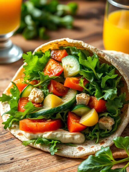 Healthy veggie-packed breakfast wrap, freshly prepared in natural light. Soft whole-grain tortilla filled with vibrant green leafy greens, creamy hummus, crunchy cucumber slices, juicy tomatoes, and a hint of zesty lemon. The wrap is neatly folded and placed on a rustic wooden table, accompanied by a glass of fresh-squeezed orange juice. Soft, diffused lighting illuminates the scene, creating a warm, inviting atmosphere. The overall composition emphasizes the wrap's nutritious ingredients and wholesome goodness, perfect for a satisfying and energizing start to the day.