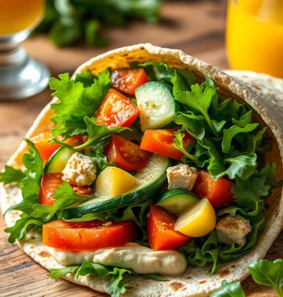 Healthy veggie-packed breakfast wrap, freshly prepared in natural light. Soft whole-grain tortilla filled with vibrant green leafy greens, creamy hummus, crunchy cucumber slices, juicy tomatoes, and a hint of zesty lemon. The wrap is neatly folded and placed on a rustic wooden table, accompanied by a glass of fresh-squeezed orange juice. Soft, diffused lighting illuminates the scene, creating a warm, inviting atmosphere. The overall composition emphasizes the wrap's nutritious ingredients and wholesome goodness, perfect for a satisfying and energizing start to the day.