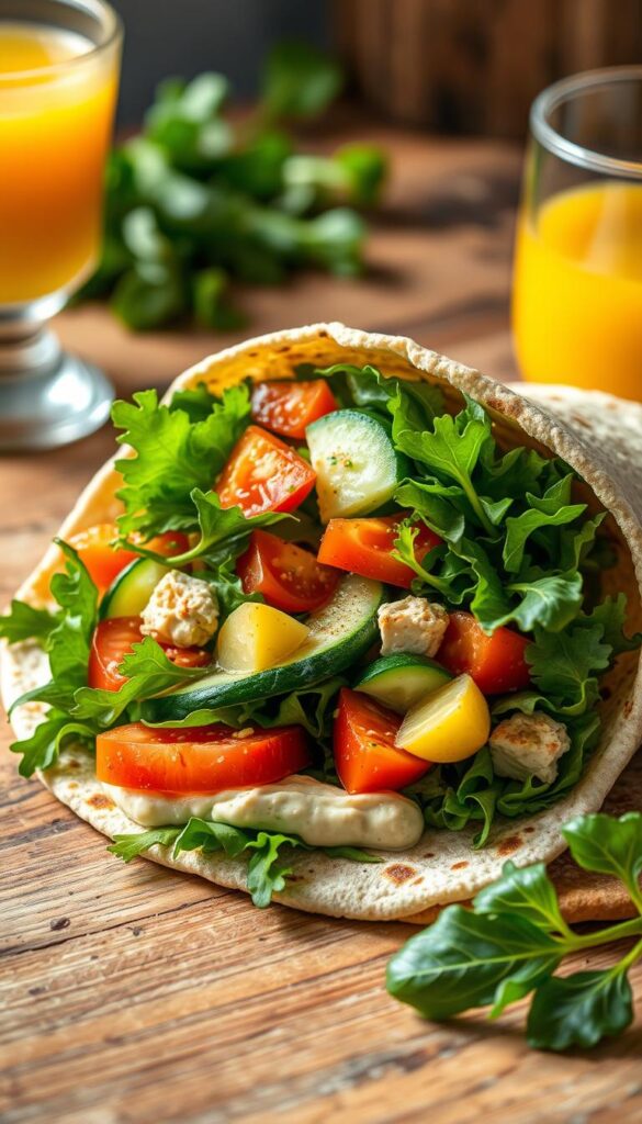 Healthy veggie-packed breakfast wrap, freshly prepared in natural light. Soft whole-grain tortilla filled with vibrant green leafy greens, creamy hummus, crunchy cucumber slices, juicy tomatoes, and a hint of zesty lemon. The wrap is neatly folded and placed on a rustic wooden table, accompanied by a glass of fresh-squeezed orange juice. Soft, diffused lighting illuminates the scene, creating a warm, inviting atmosphere. The overall composition emphasizes the wrap's nutritious ingredients and wholesome goodness, perfect for a satisfying and energizing start to the day.