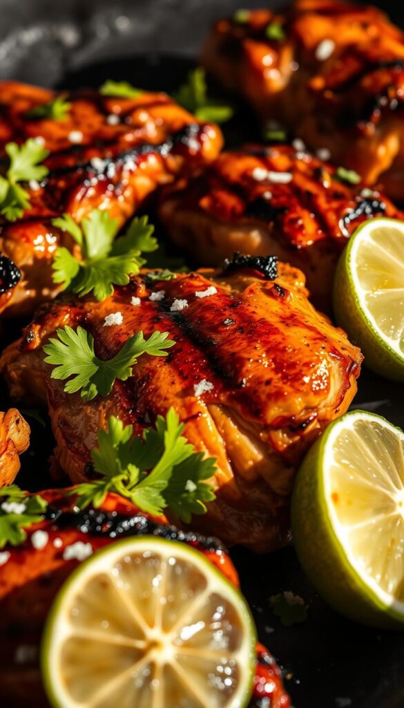 High-contrast, close-up image of juicy, sizzling chicken thighs grilled to perfection with a vibrant chili lime marinade. The chicken has a deep char on the exterior, while the meat remains tender and succulent. Garnished with fresh cilantro, lime wedges, and a sprinkle of coarse sea salt. Dramatic natural lighting casts dramatic shadows, highlighting the grill marks and glistening surface. Shot from a low angle, emphasizing the bold, mouthwatering presentation. Crisp, appetizing atmosphere with a hint of smoke and heat.