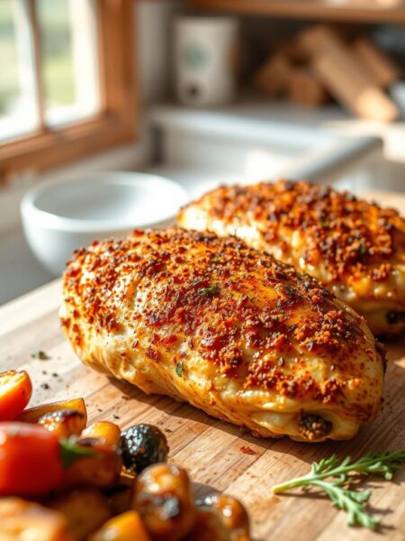 Paprika-crusted chicken breasts baked to golden-brown perfection, with a side of roasted vegetables. A delightful aroma of smoked paprika, garlic, and herbs wafts through the kitchen. The chicken rests on a rustic wooden cutting board, lightly charred edges contrasting with the succulent, juicy interior. Natural sunlight streams in through large windows, casting a warm glow over the entire scene. The composition features a close-up, high-angle view, highlighting the tantalizing texture and vibrant colors of the dish. An artful blend of realism and appetite appeal, this image perfectly captures the essence of the "Paprika Baked Chicken" recipe.