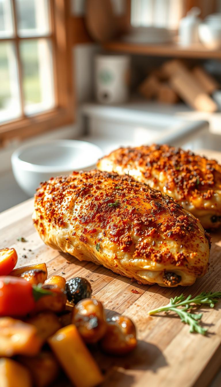 Paprika-crusted chicken breasts baked to golden-brown perfection, with a side of roasted vegetables. A delightful aroma of smoked paprika, garlic, and herbs wafts through the kitchen. The chicken rests on a rustic wooden cutting board, lightly charred edges contrasting with the succulent, juicy interior. Natural sunlight streams in through large windows, casting a warm glow over the entire scene. The composition features a close-up, high-angle view, highlighting the tantalizing texture and vibrant colors of the dish. An artful blend of realism and appetite appeal, this image perfectly captures the essence of the "Paprika Baked Chicken" recipe.