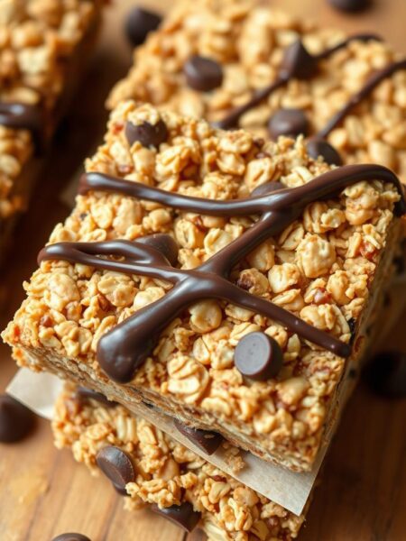 Peanut butter granola bars with a crunchy texture, drizzled with melted chocolate, on a wooden table. Close-up shot with natural lighting, slightly overhead angle to showcase the layered ingredients - oats, crunchy peanut butter, honey, and chocolate chips. Warm, earthy tones create a cozy, homemade atmosphere. The bars have a rustic, handcrafted appearance, evoking feelings of comfort and indulgence. A simple, minimalist composition that highlights the rich, nutty flavor and satisfying bite of these homemade granola bars.