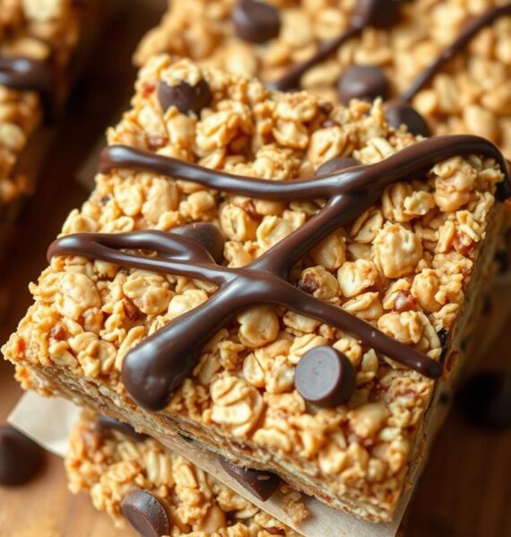 Peanut butter granola bars with a crunchy texture, drizzled with melted chocolate, on a wooden table. Close-up shot with natural lighting, slightly overhead angle to showcase the layered ingredients - oats, crunchy peanut butter, honey, and chocolate chips. Warm, earthy tones create a cozy, homemade atmosphere. The bars have a rustic, handcrafted appearance, evoking feelings of comfort and indulgence. A simple, minimalist composition that highlights the rich, nutty flavor and satisfying bite of these homemade granola bars.