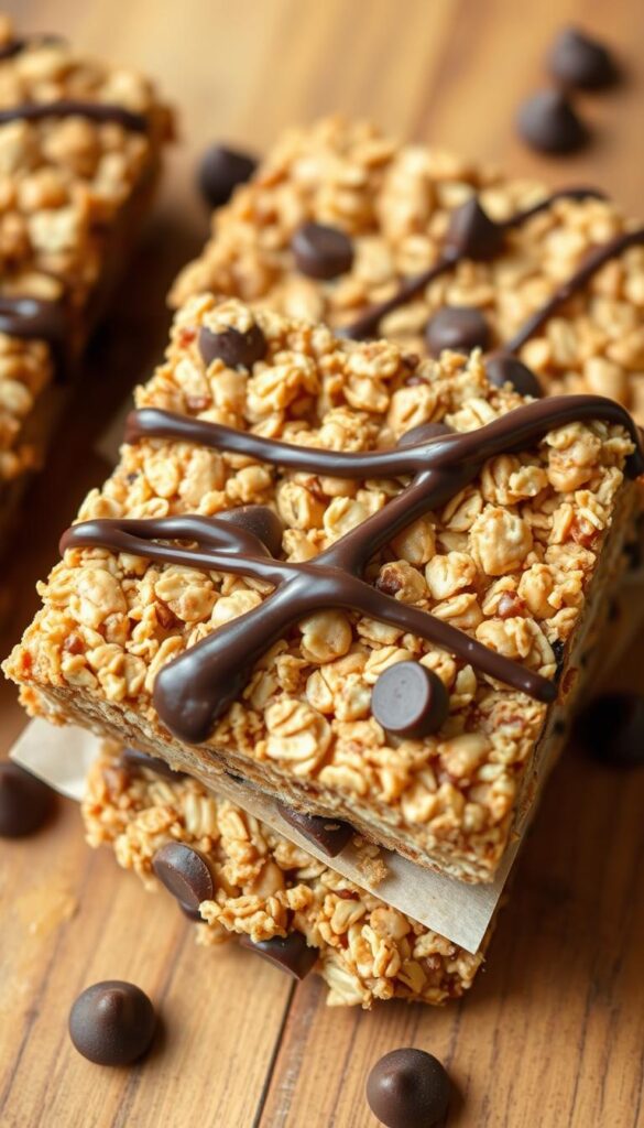 Peanut butter granola bars with a crunchy texture, drizzled with melted chocolate, on a wooden table. Close-up shot with natural lighting, slightly overhead angle to showcase the layered ingredients - oats, crunchy peanut butter, honey, and chocolate chips. Warm, earthy tones create a cozy, homemade atmosphere. The bars have a rustic, handcrafted appearance, evoking feelings of comfort and indulgence. A simple, minimalist composition that highlights the rich, nutty flavor and satisfying bite of these homemade granola bars.