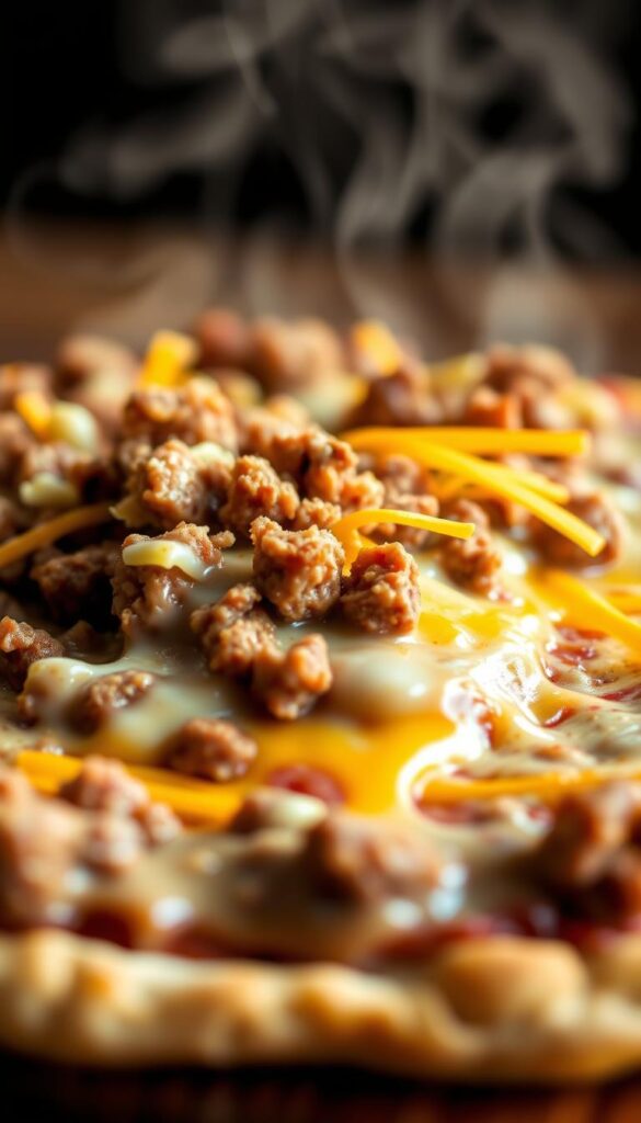 Sausage gravy biscuit pizza: a fluffy buttermilk biscuit crust topped with savory sausage gravy, melted cheddar cheese, and crumbled breakfast sausage. Steaming hot under soft natural lighting, the pizza's aroma fills the air with a tantalizing blend of spices and toasted dough. A shallow depth of field accentuates the glistening cheese and tender biscuit texture, inviting the viewer to take a bite of this creative breakfast masterpiece. Sausage gravy biscuit pizza: a fluffy buttermilk biscuit crust topped with savory sausage gravy, melted cheddar cheese, and crumbled breakfast sausage. Steaming hot under soft natural lighting, the pizza's aroma fills the air with a tantalizing blend of spices and toasted dough. A shallow depth of field accentuates the glistening cheese and tender biscuit texture, inviting the viewer to take a bite of this creative breakfast masterpiece.