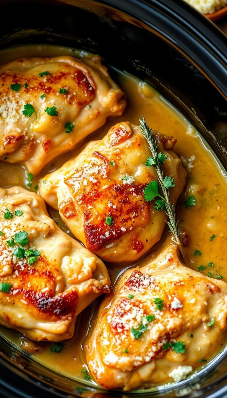 Slow Cooker Garlic Parmesan Chicken Thighs: Succulent chicken thighs simmering in a rich, creamy garlic Parmesan sauce, tender and juicy, garnished with fresh parsley. Soft, golden-brown skin crisps up as the thighs cook to perfection, releasing a heavenly aroma. The scene is set in a rustic, country-style kitchen, with wooden surfaces and a cast iron slow cooker taking center stage, bathed in warm, natural lighting. A sprig of fresh thyme and a sprinkle of grated Parmesan add the final touches to this mouthwatering dish.