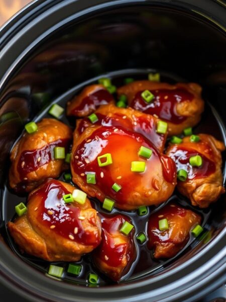 Slow Cooker Teriyaki Chicken Thighs: Juicy, tender chicken thighs simmered in a glossy, caramelized teriyaki sauce, garnished with sliced green onions and sesame seeds. The chicken is glistening under warm overhead lighting, creating a cozy, inviting atmosphere. The image is shot from a high angle, showcasing the slow cooker insert filled with the chicken and sauce. In the background, a wooden table surface provides a natural, rustic setting. The overall mood is mouthwatering and comforting, enticing the viewer to dive into this delectable dish.