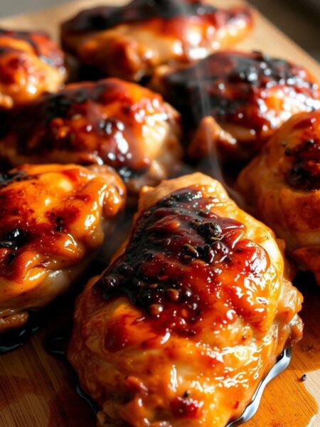 Steaming hot, freshly baked teriyaki chicken thighs, glistening with a caramelized glaze, nestled on a wooden cutting board. The skin is crispy and golden, the meat tender and juicy. Aromatic scents of soy, garlic, and ginger fill the air, creating a mouthwatering scene. The lighting is soft and natural, casting warm shadows that accentuate the textural details. The camera angle is slightly elevated, showcasing the appetizing arrangement of the chicken pieces. A minimalist background allows the star of the dish to take center stage, inviting the viewer to savor the tantalizing flavors of this oven-baked delight.