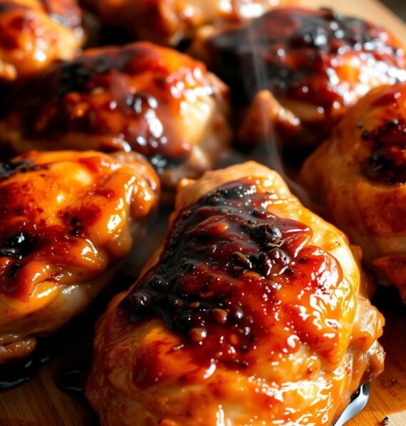 Steaming hot, freshly baked teriyaki chicken thighs, glistening with a caramelized glaze, nestled on a wooden cutting board. The skin is crispy and golden, the meat tender and juicy. Aromatic scents of soy, garlic, and ginger fill the air, creating a mouthwatering scene. The lighting is soft and natural, casting warm shadows that accentuate the textural details. The camera angle is slightly elevated, showcasing the appetizing arrangement of the chicken pieces. A minimalist background allows the star of the dish to take center stage, inviting the viewer to savor the tantalizing flavors of this oven-baked delight.