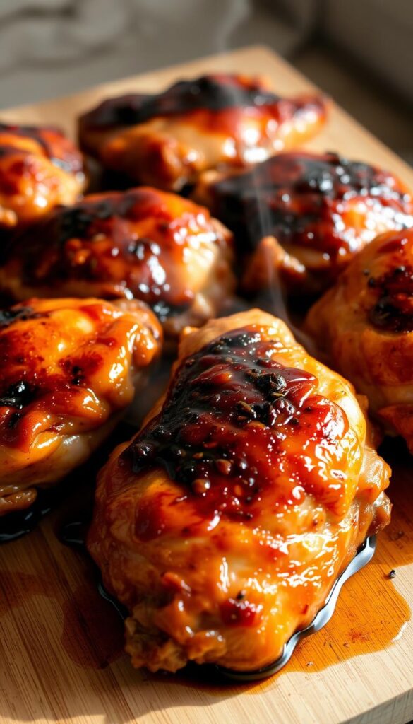 Steaming hot, freshly baked teriyaki chicken thighs, glistening with a caramelized glaze, nestled on a wooden cutting board. The skin is crispy and golden, the meat tender and juicy. Aromatic scents of soy, garlic, and ginger fill the air, creating a mouthwatering scene. The lighting is soft and natural, casting warm shadows that accentuate the textural details. The camera angle is slightly elevated, showcasing the appetizing arrangement of the chicken pieces. A minimalist background allows the star of the dish to take center stage, inviting the viewer to savor the tantalizing flavors of this oven-baked delight.