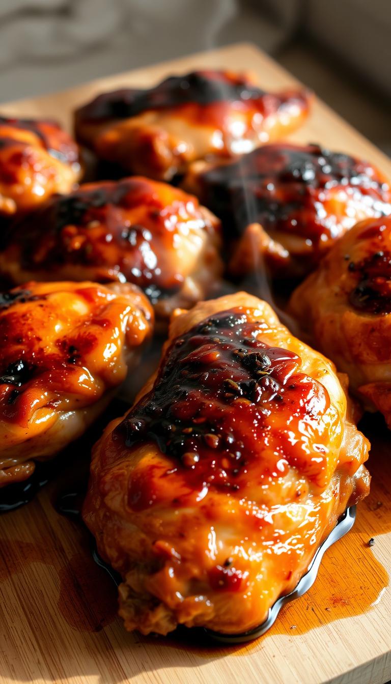 Steaming hot, freshly baked teriyaki chicken thighs, glistening with a caramelized glaze, nestled on a wooden cutting board. The skin is crispy and golden, the meat tender and juicy. Aromatic scents of soy, garlic, and ginger fill the air, creating a mouthwatering scene. The lighting is soft and natural, casting warm shadows that accentuate the textural details. The camera angle is slightly elevated, showcasing the appetizing arrangement of the chicken pieces. A minimalist background allows the star of the dish to take center stage, inviting the viewer to savor the tantalizing flavors of this oven-baked delight.