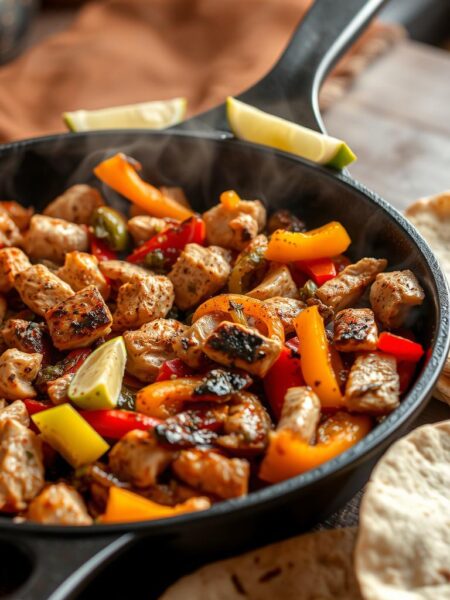 Succulent chicken fajitas sizzling on a cast-iron skillet, filled with tender strips of grilled chicken, vibrant bell peppers, and caramelized onions. The fragrant aroma of cumin, chili powder, and lime wafts through the air, creating a tantalizing scene. Warm tortillas stand ready, awaiting the flavorful fillings. The scene is bathed in a warm, golden light, casting a cozy, inviting atmosphere. Crisp edges on the chicken and vegetables contrast with the soft, supple texture of the fajitas, promising a delightful balance of textures and tastes.