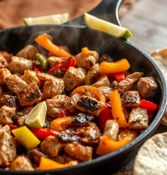 Succulent chicken fajitas sizzling on a cast-iron skillet, filled with tender strips of grilled chicken, vibrant bell peppers, and caramelized onions. The fragrant aroma of cumin, chili powder, and lime wafts through the air, creating a tantalizing scene. Warm tortillas stand ready, awaiting the flavorful fillings. The scene is bathed in a warm, golden light, casting a cozy, inviting atmosphere. Crisp edges on the chicken and vegetables contrast with the soft, supple texture of the fajitas, promising a delightful balance of textures and tastes.