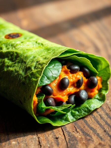 Sweet potato breakfast burrito with spinach tortilla
