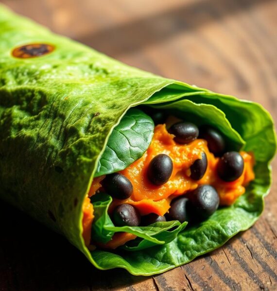 Sweet potato breakfast burrito with spinach tortilla
