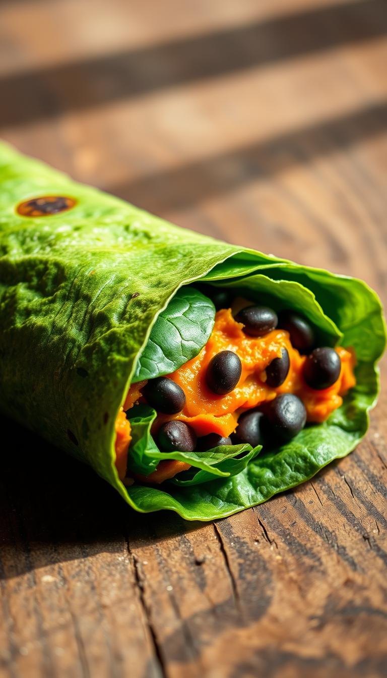 Sweet potato breakfast burrito with spinach tortilla