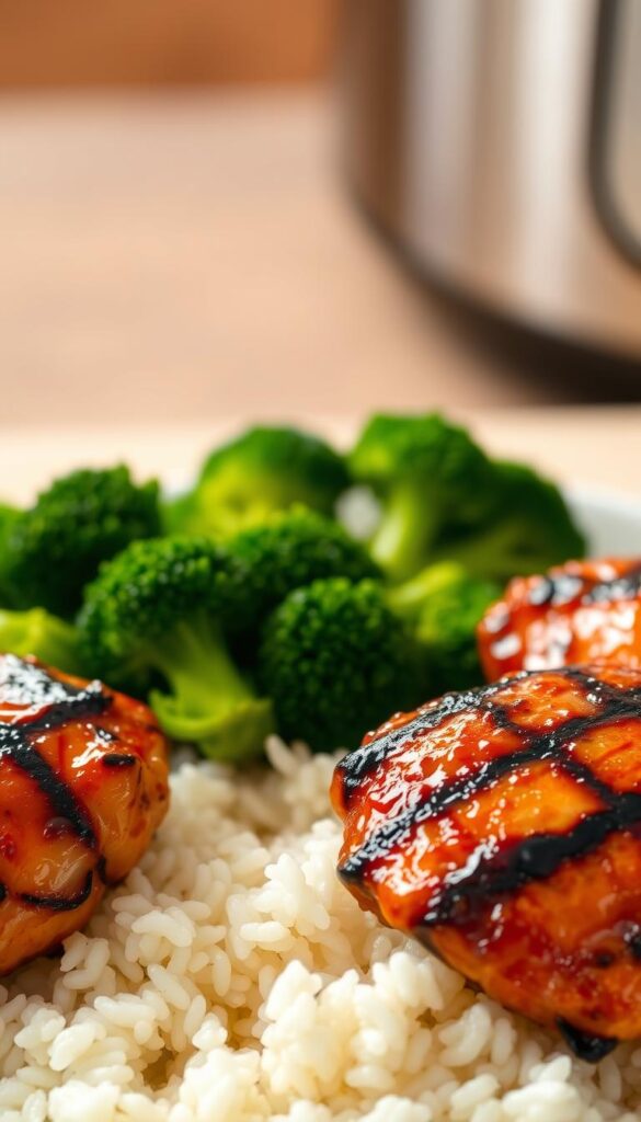 Teriyaki grilled chicken, tender and juicy, glistening under the warm lighting. In the foreground, the char-grilled chicken thighs, basted in a sweet and savory teriyaki glaze, sit atop a bed of fluffy white rice. In the middle ground, vibrant green steamed broccoli florets add a fresh contrast. The background is softly blurred, hinting at a minimalist kitchen setting with hints of wood tones and stainless steel. The overall scene emanates a comforting, home-cooked atmosphere, perfect for a healthy, flavorful meal prep dish.