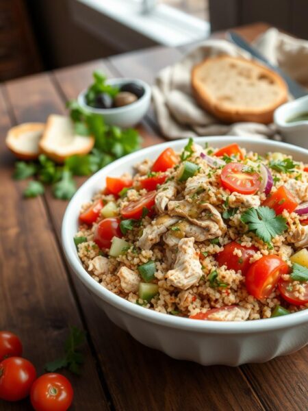 Vibrant Mediterranean Quinoa Chicken Salad arranged on a rustic wooden table. In the foreground, a white ceramic bowl overflows with a hearty mix of quinoa, shredded chicken, cherry tomatoes, cucumber, red onion, and fresh herbs like parsley and oregano. The salad is drizzled with a tangy lemon vinaigrette. In the middle ground, a few slices of crusty bread and a small side bowl of olives add texture and flavor. The background features a neutral linen napkin and natural lighting from a nearby window, creating a warm, inviting atmosphere. The entire scene is captured with a wide-angle lens, emphasizing the fresh, healthy, and Mediterranean-inspired nature of this delectable salad.