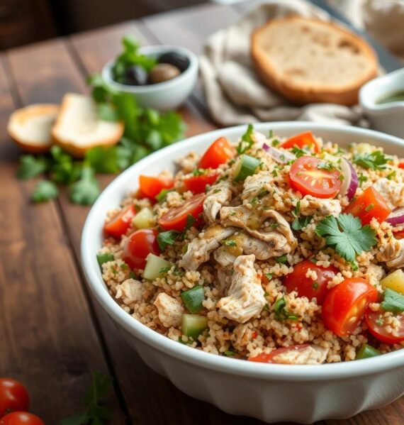 Vibrant Mediterranean Quinoa Chicken Salad arranged on a rustic wooden table. In the foreground, a white ceramic bowl overflows with a hearty mix of quinoa, shredded chicken, cherry tomatoes, cucumber, red onion, and fresh herbs like parsley and oregano. The salad is drizzled with a tangy lemon vinaigrette. In the middle ground, a few slices of crusty bread and a small side bowl of olives add texture and flavor. The background features a neutral linen napkin and natural lighting from a nearby window, creating a warm, inviting atmosphere. The entire scene is captured with a wide-angle lens, emphasizing the fresh, healthy, and Mediterranean-inspired nature of this delectable salad.